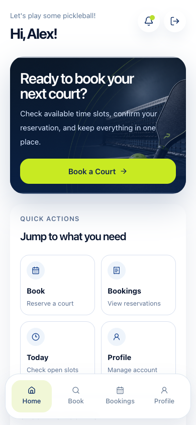 Mobile booking interface with court reservations and player quick actions.